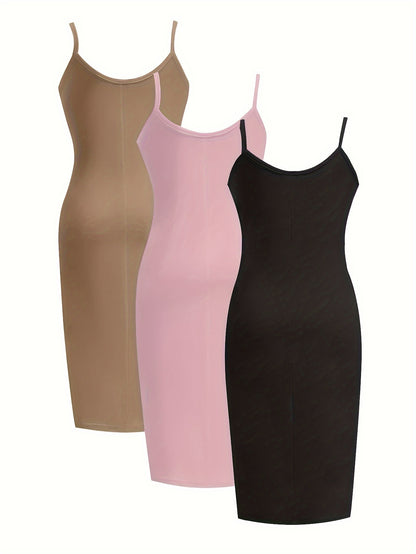[3 Pack Plus Size Cami Dress] 3 Pack Plus Size Basic Dress Set, Women's Plus Solid Round Neck Medium Stretch Slim Fit Cami Dress Three Piece Set
