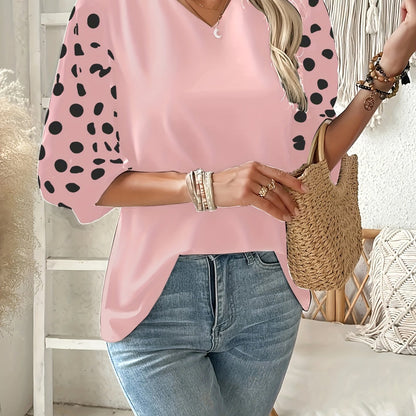 Plus Size V‑Neck Blouse – Lightweight, Breathable Polka Dot Contrast Sleeve Top