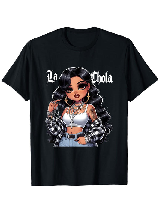Men'S Chola Chibi Hispanic Heritage Month T-Shirt - 100% Retro Chicana Graphic Tee with La Chola Lettering & Chola Girl Design, Short Sleeve Round Neck Casual Top for Halloween, Thanksgiving, Christmas Gifts, Brown Pride Appa